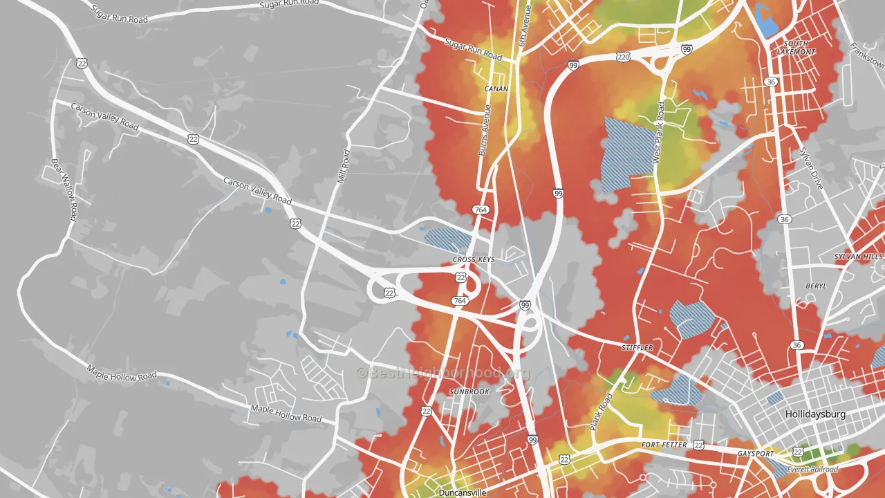 Walk Grade map of Cross Keys, PA, walkable areas in green and car-dependent areas in red