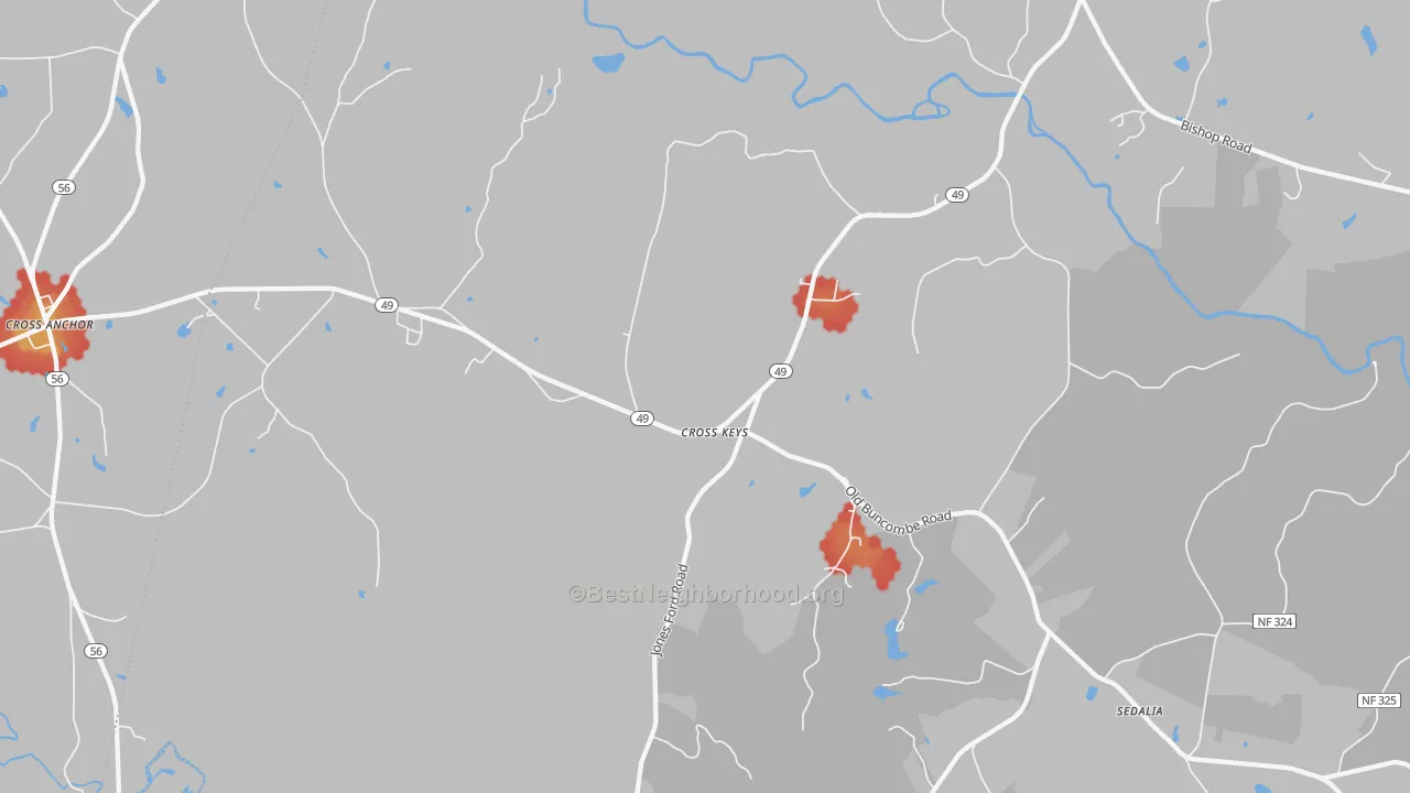 Walk Grade map of Cross Keys, SC, walkable areas in green and car-dependent areas in red