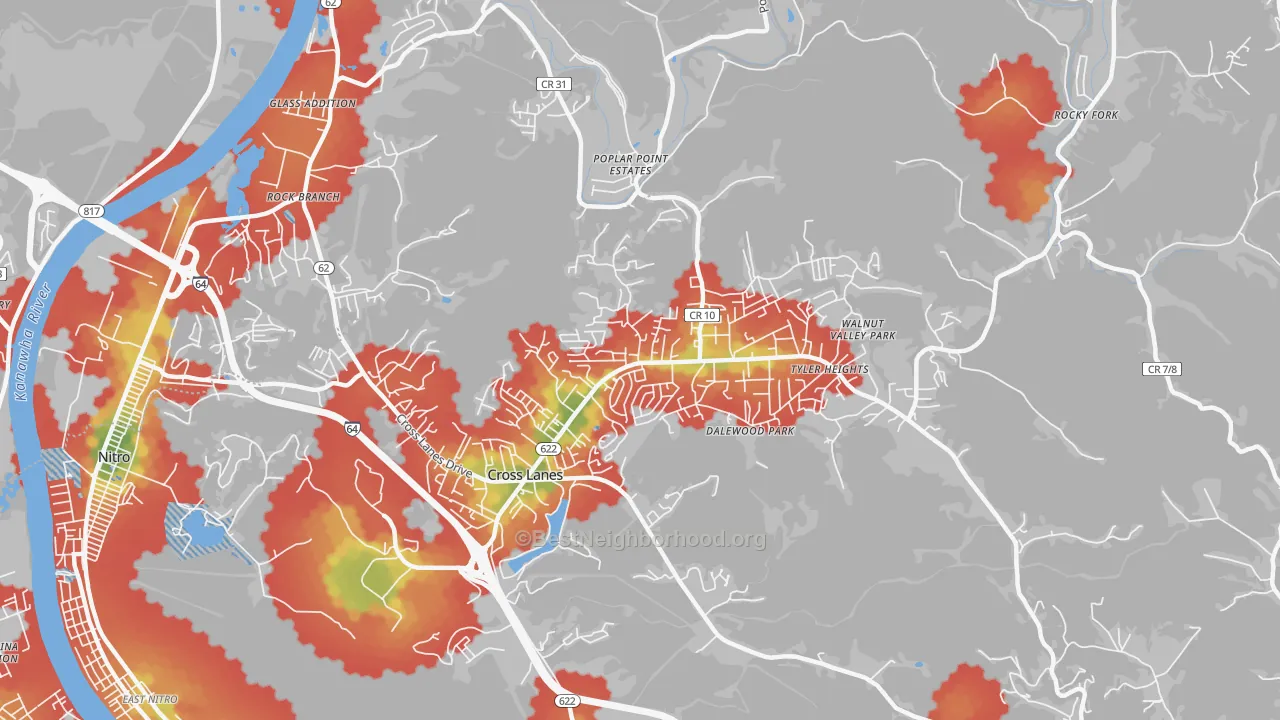 Walk Grade map of Cross Lanes, WV, walkable areas in green and car-dependent areas in red