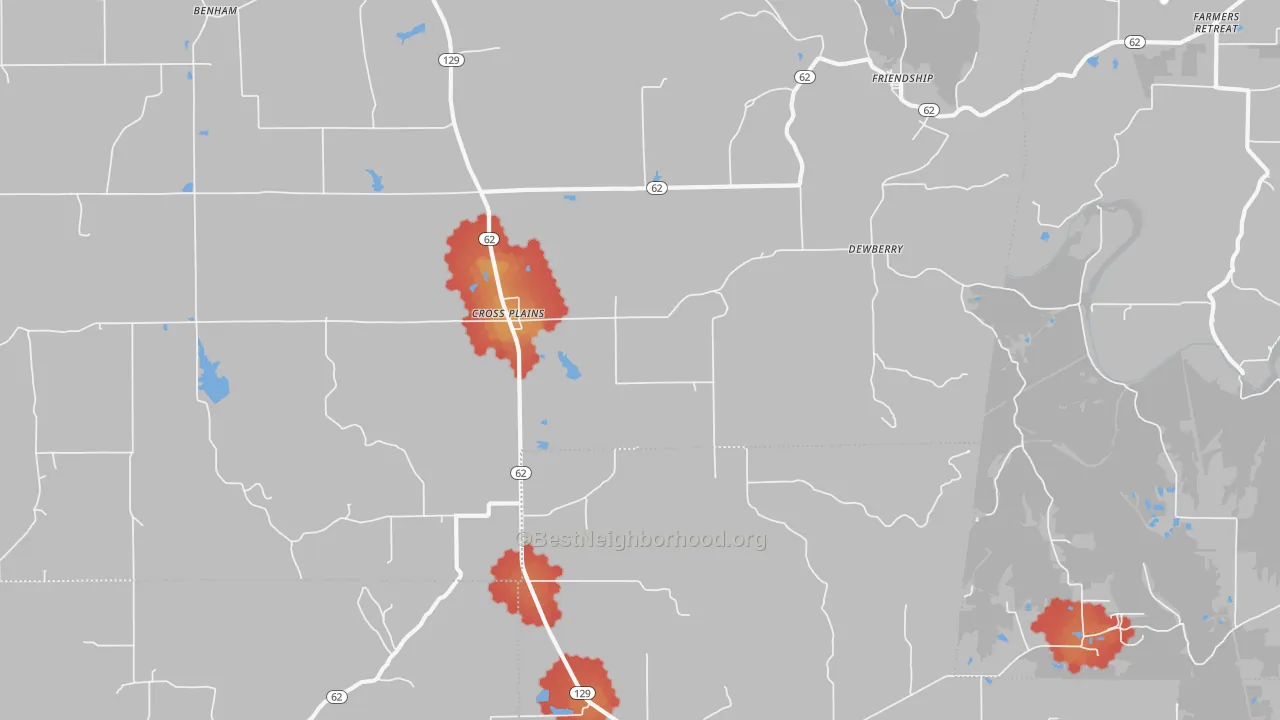 Walk Grade map of Cross Plains, IN, walkable areas in green and car-dependent areas in red