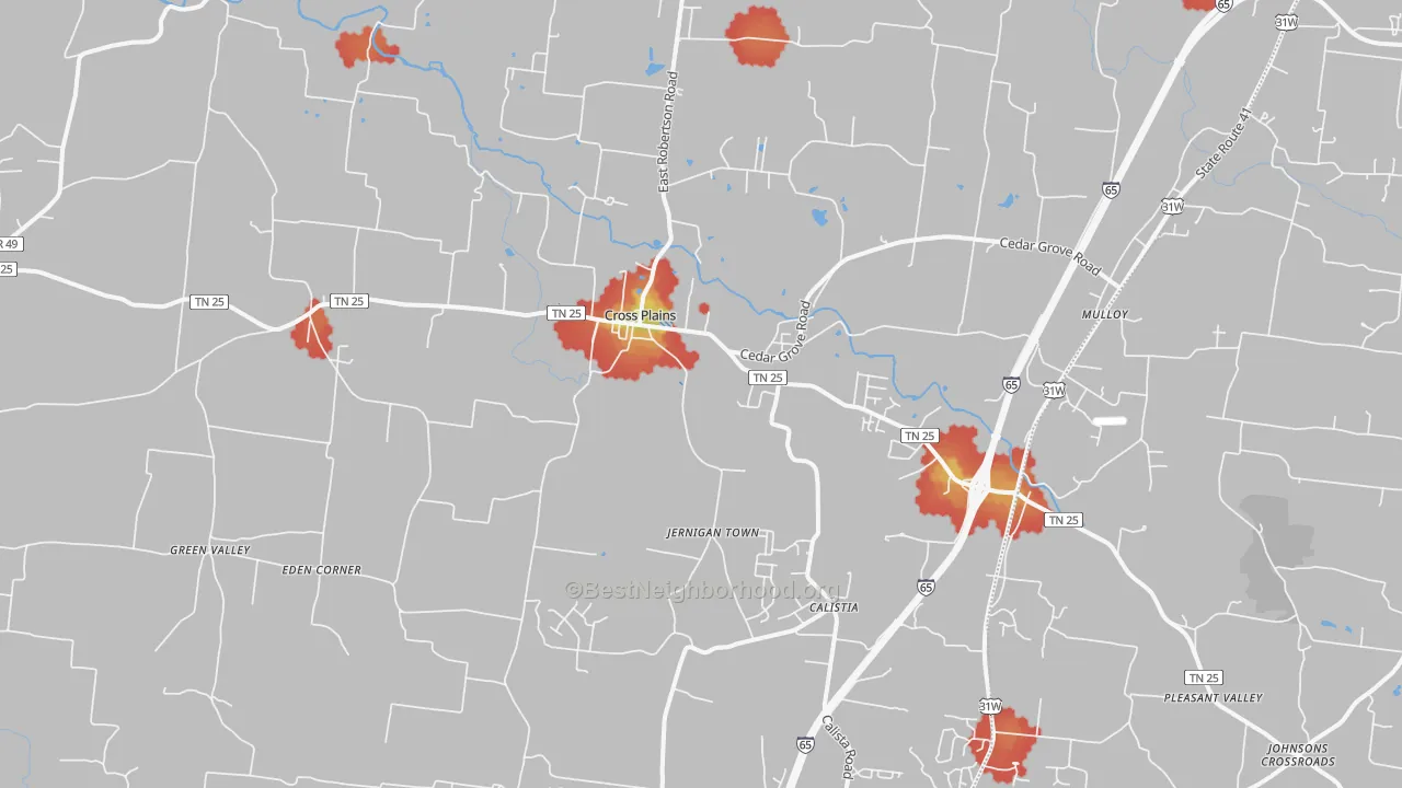 Walk Grade map of Cross Plains, TN, walkable areas in green and car-dependent areas in red