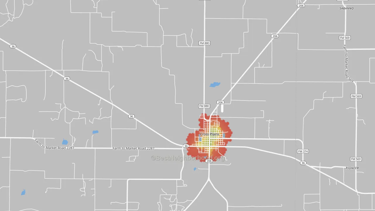 Walk Grade map of Cross Plains, TX, walkable areas in green and car-dependent areas in red