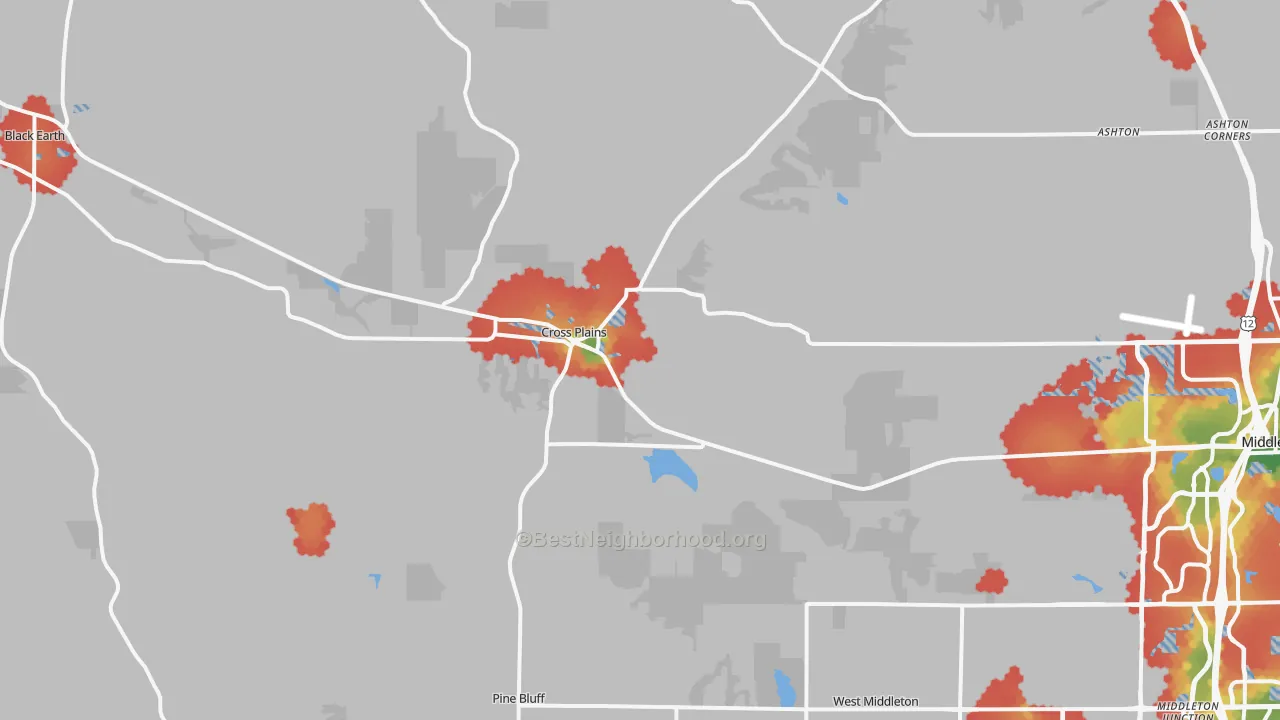 Walk Grade map of Cross Plains, WI, walkable areas in green and car-dependent areas in red