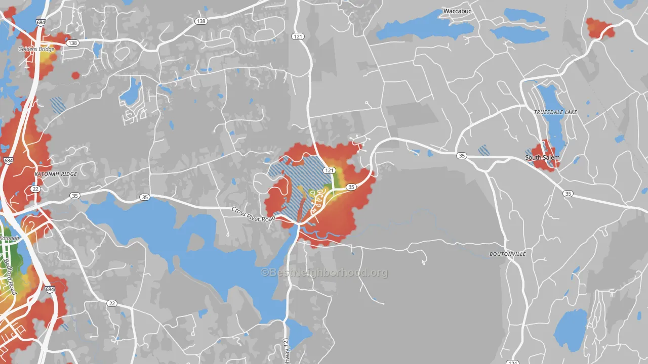 Walk Grade map of Cross River, NY, walkable areas in green and car-dependent areas in red