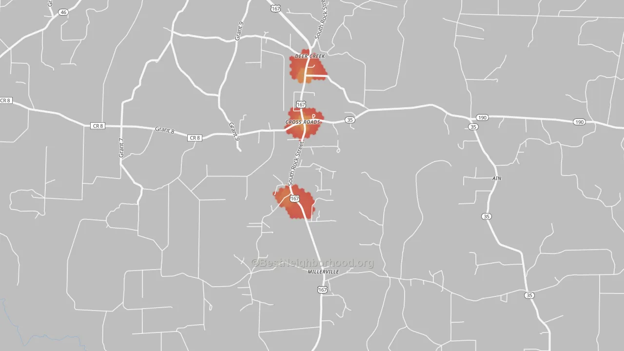 Walk Grade map of Cross Roads, AR, walkable areas in green and car-dependent areas in red