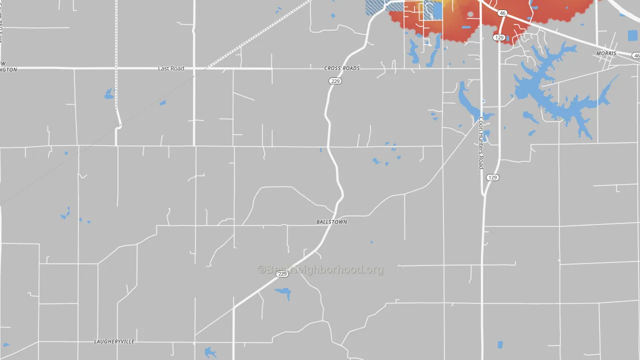 Walk Grade map of Cross Roads, IN, walkable areas in green and car-dependent areas in red