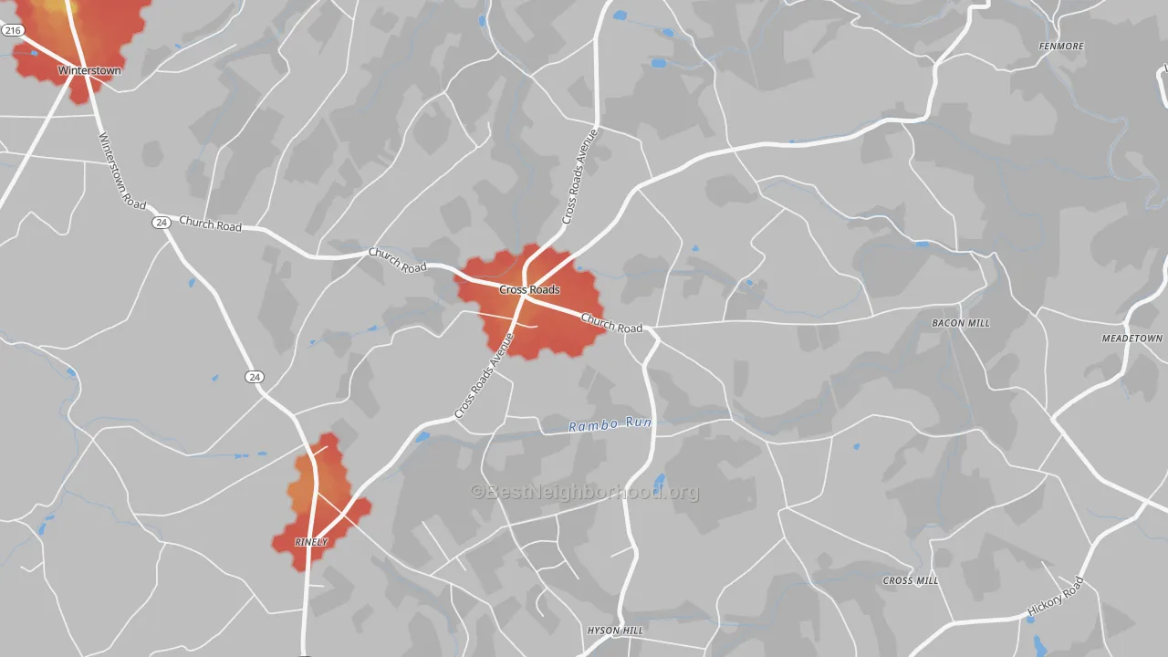 Walk Grade map of Cross Roads, PA, walkable areas in green and car-dependent areas in red