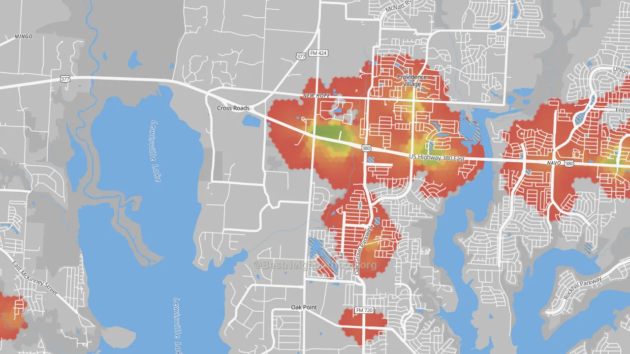Walk Grade map of Cross Roads, TX, walkable areas in green and car-dependent areas in red