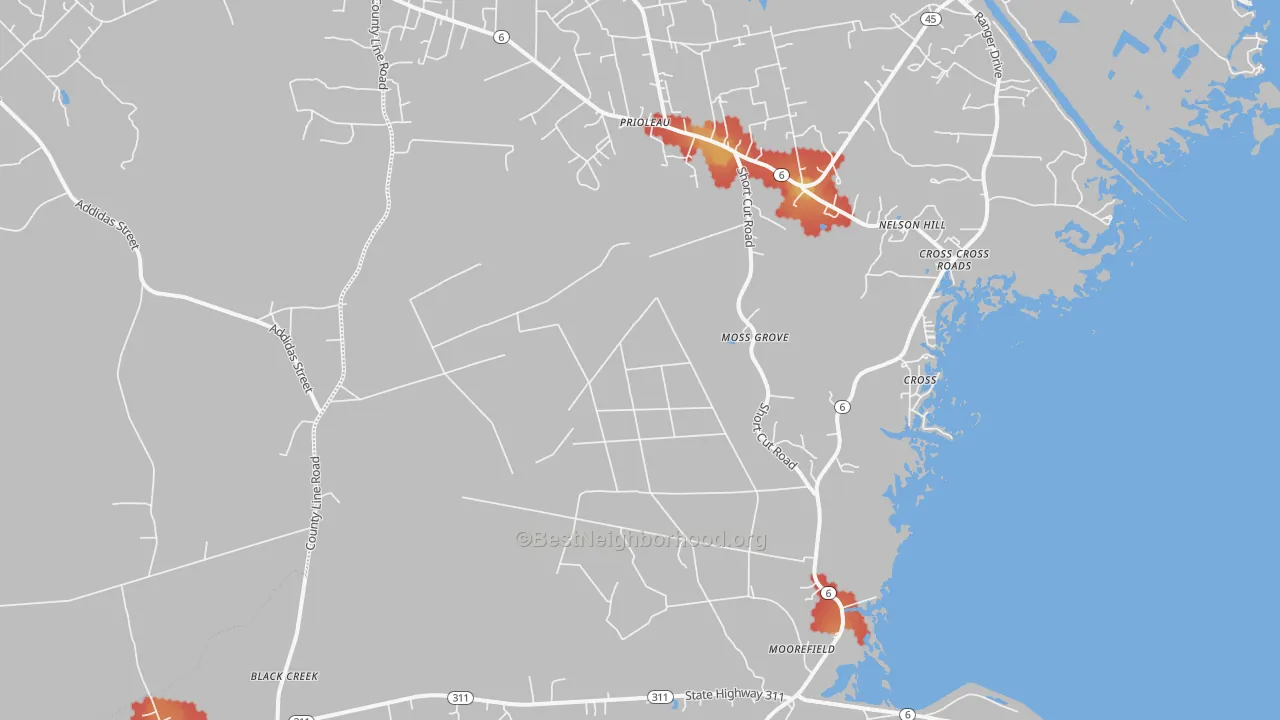 Walk Grade map of Cross, SC, walkable areas in green and car-dependent areas in red