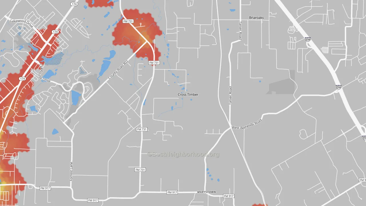 Walk Grade map of Cross Timber, TX, walkable areas in green and car-dependent areas in red