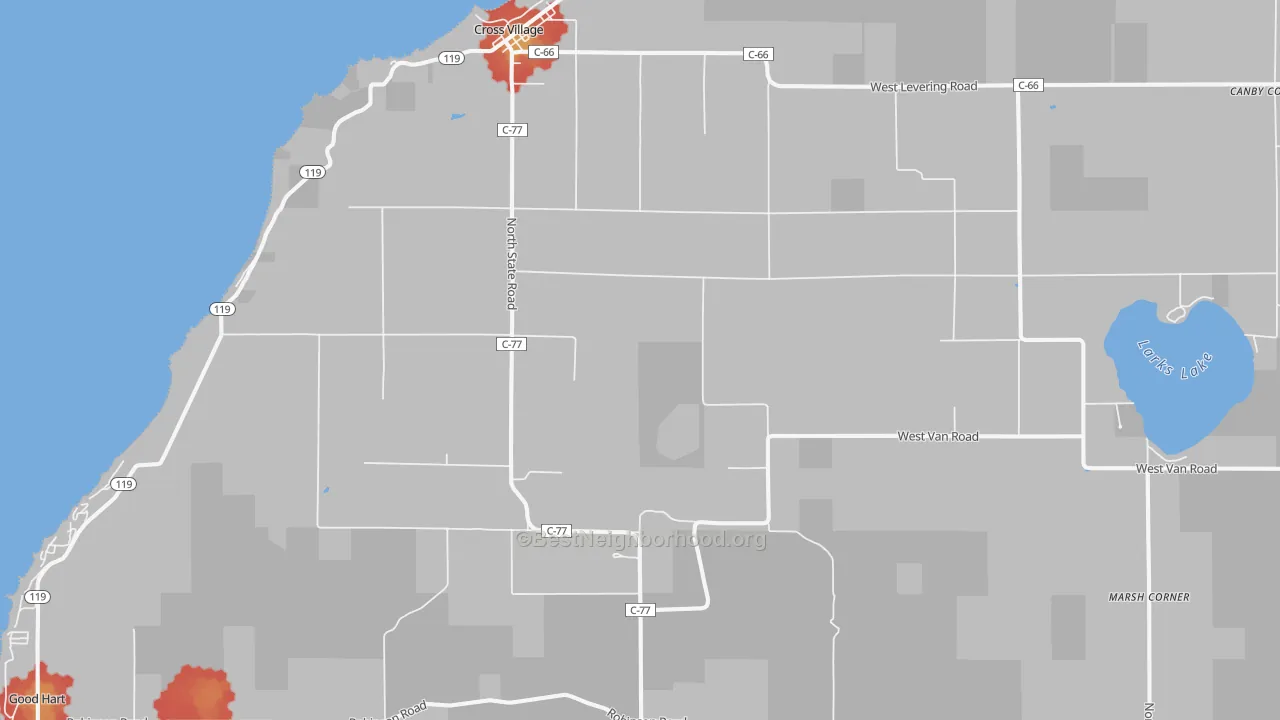 Walk Grade map of Cross Village, MI, walkable areas in green and car-dependent areas in red