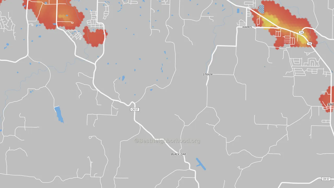 Walk Grade map of Crosses, AR, walkable areas in green and car-dependent areas in red
