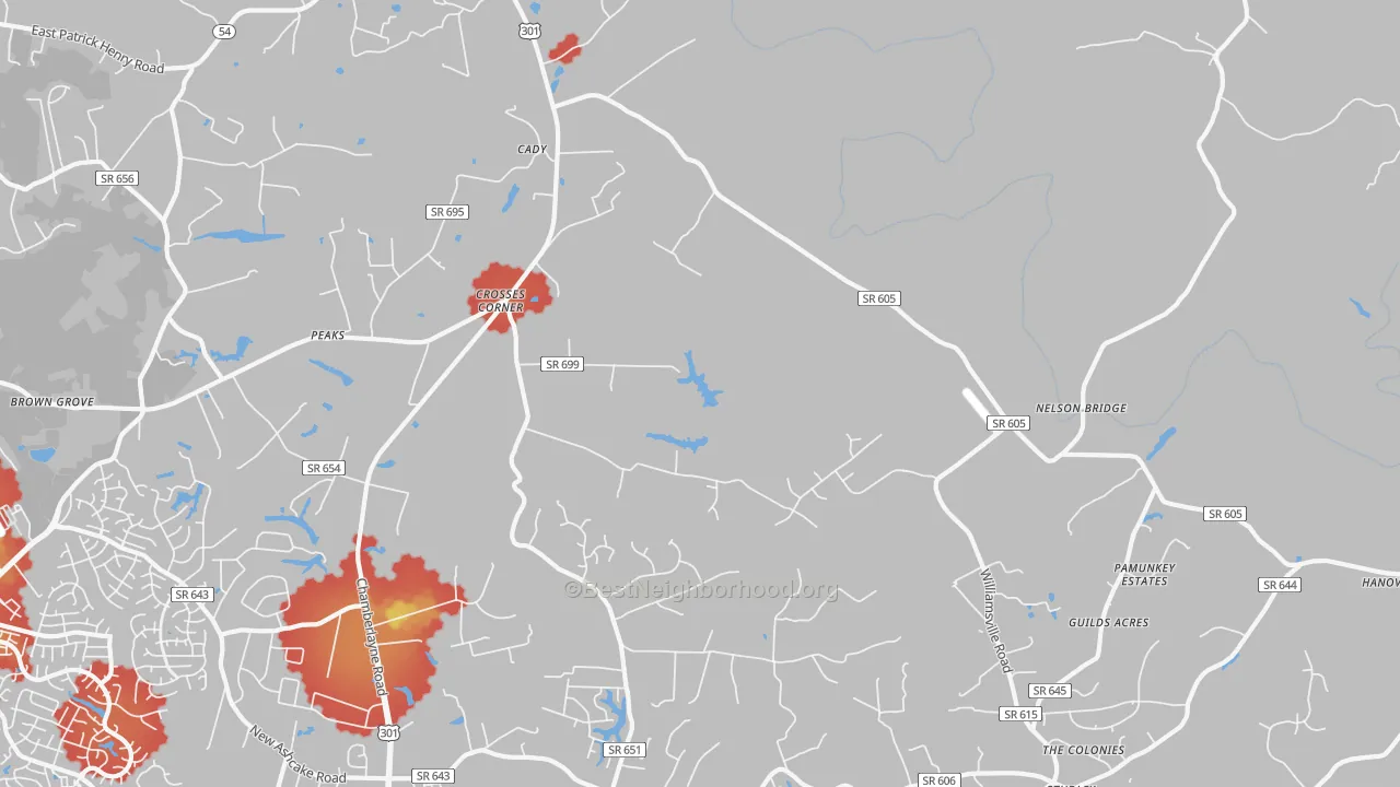 Walk Grade map of Crosses Corner, VA, walkable areas in green and car-dependent areas in red