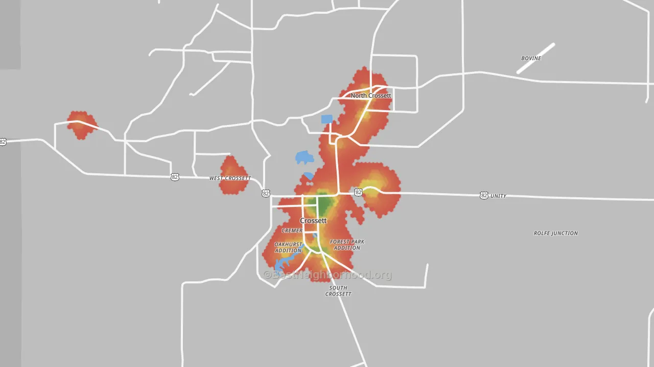 Walk Grade map of Crossett, AR, walkable areas in green and car-dependent areas in red
