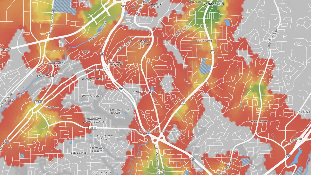 Walk Grade map of Crossgate, Vestavia Hills, AL, walkable areas in green and car-dependent areas in red