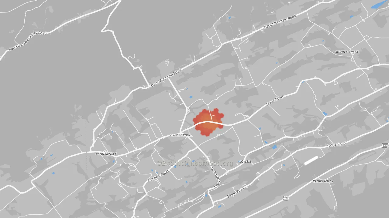 Walk Grade map of Crossgrove, PA, walkable areas in green and car-dependent areas in red