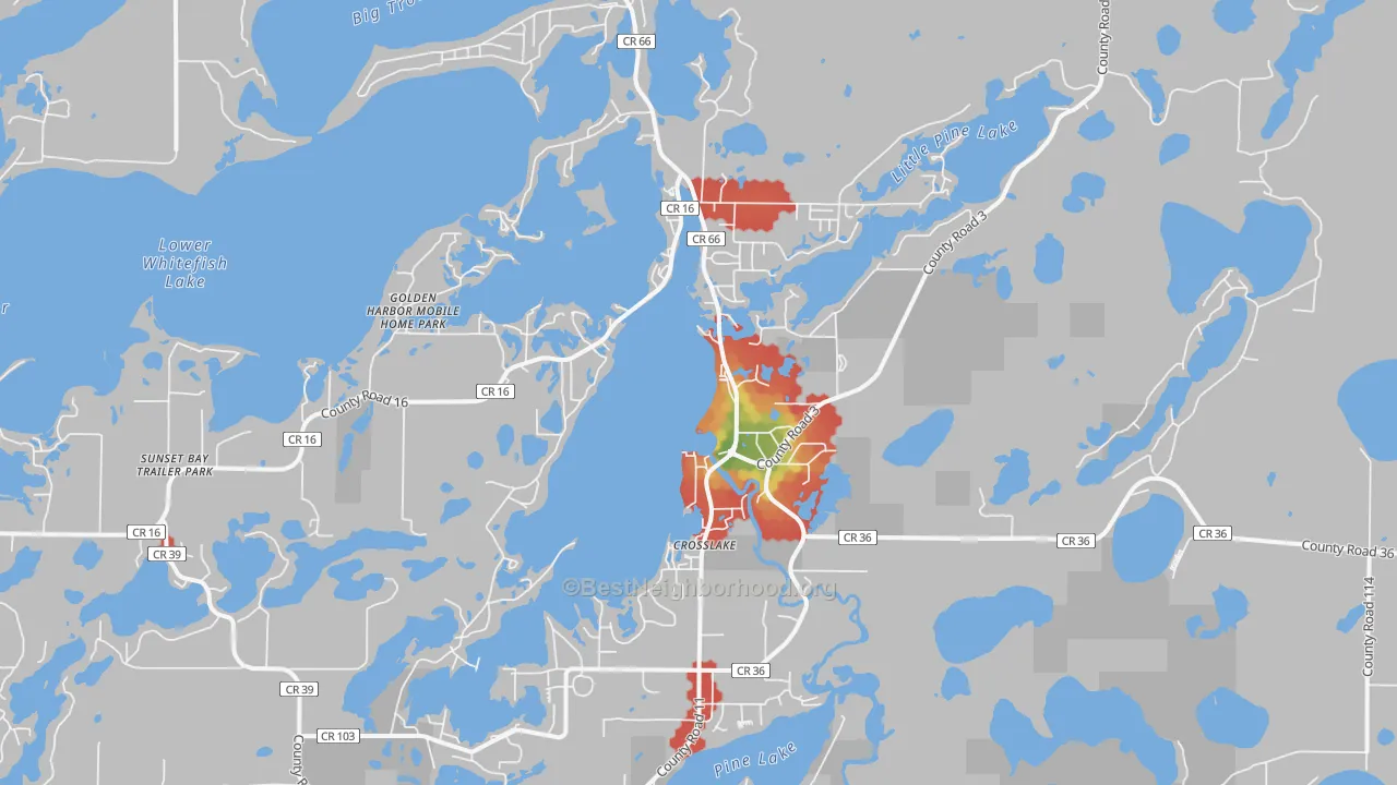 Walk Grade map of Crosslake, MN, walkable areas in green and car-dependent areas in red