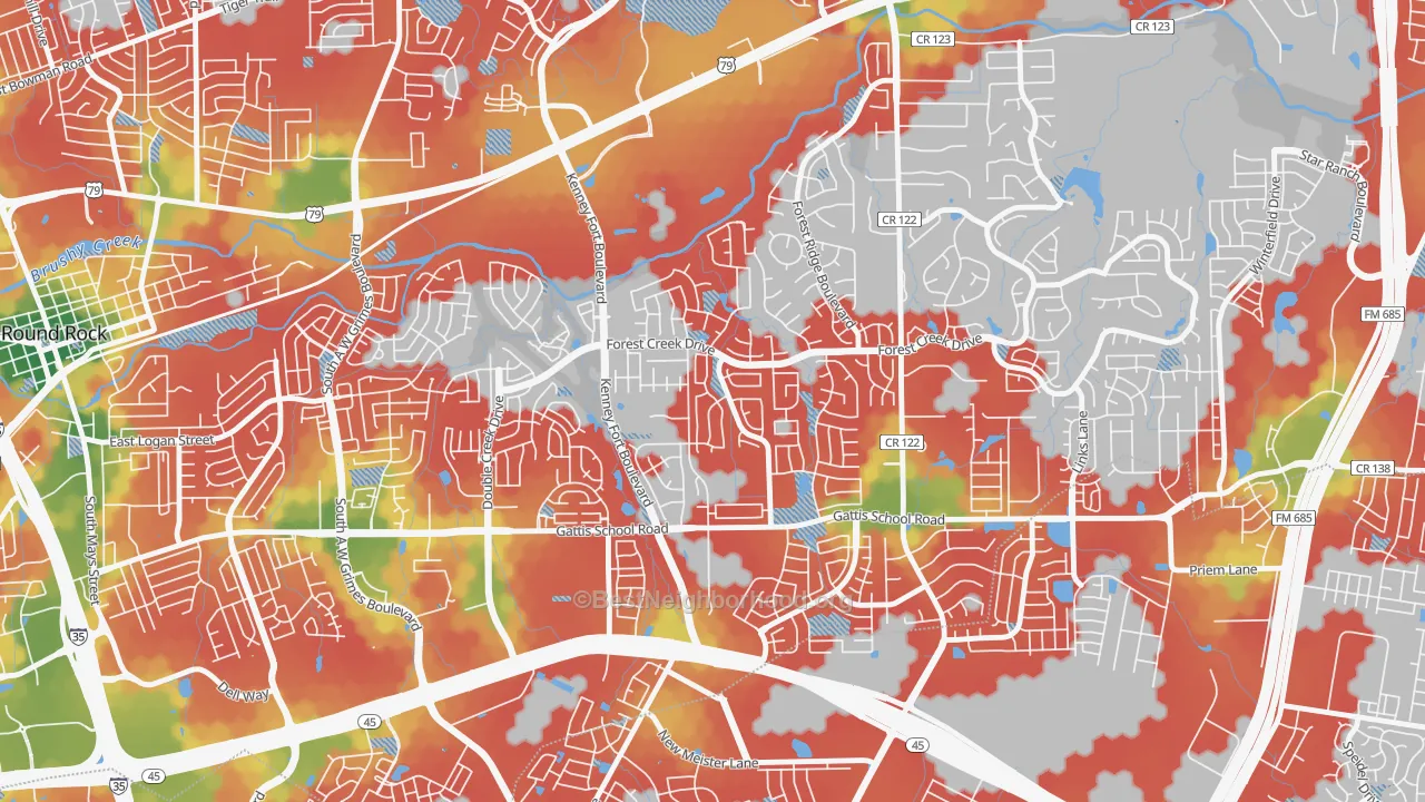 Walk Grade map of Crossley Crossing, Round Rock, TX, walkable areas in green and car-dependent areas in red