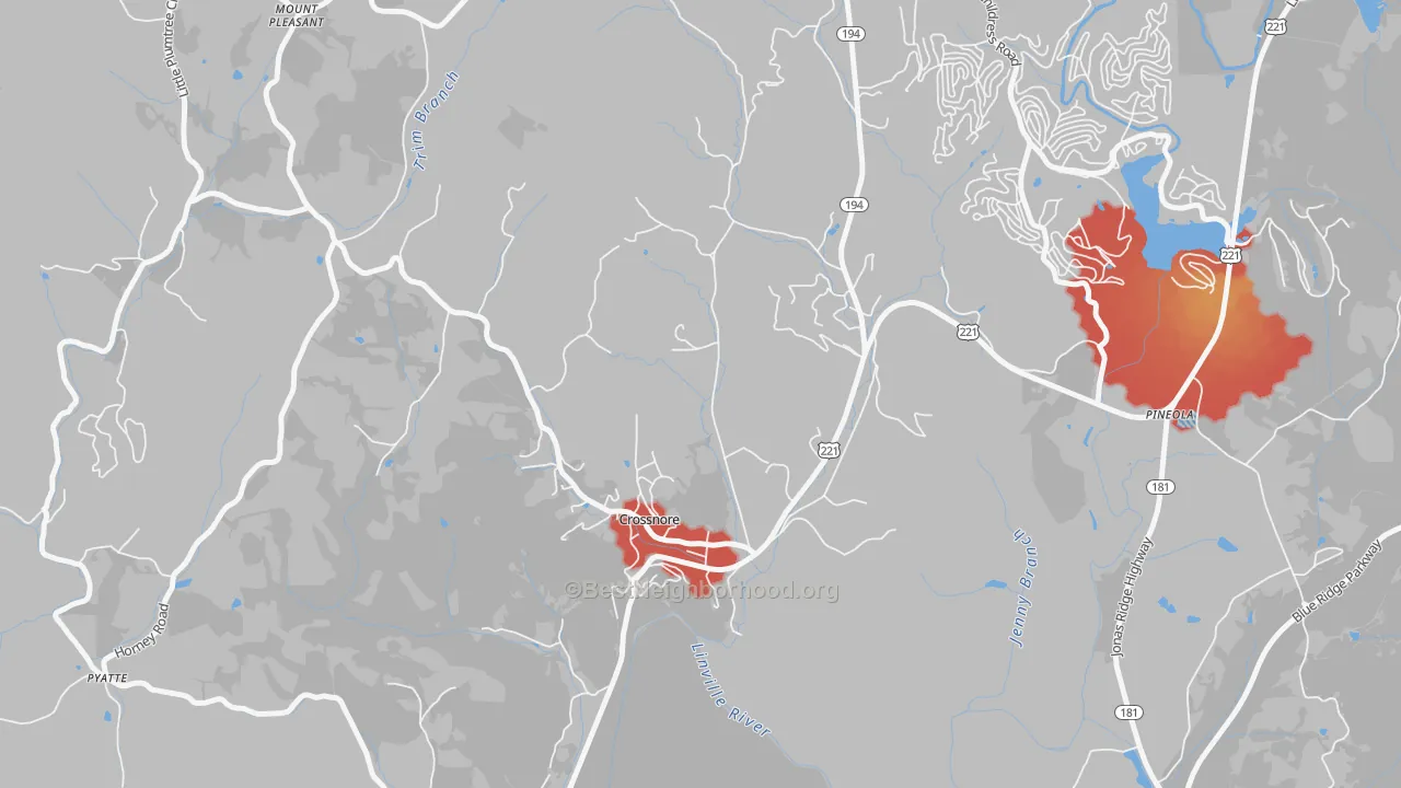 Walk Grade map of Crossnore, NC, walkable areas in green and car-dependent areas in red