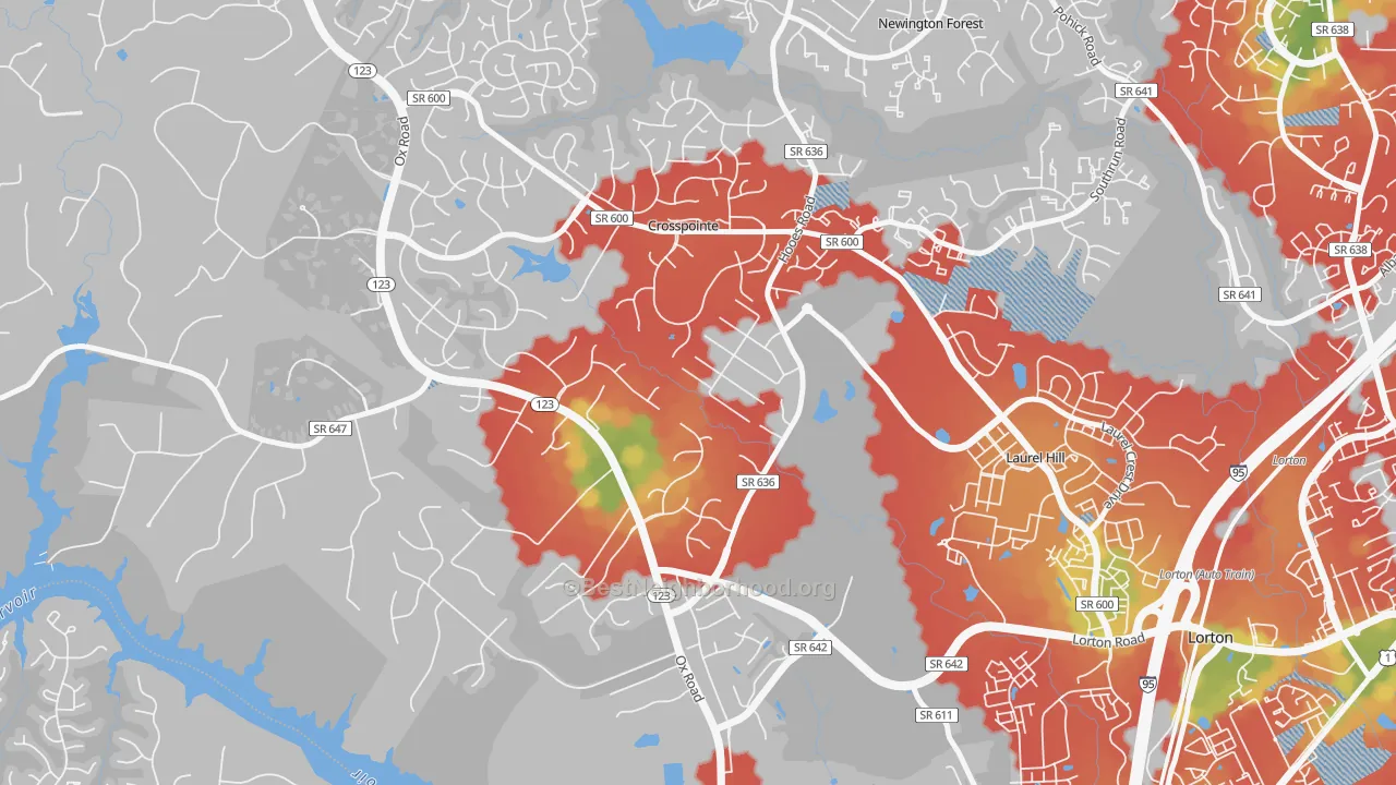 Walk Grade map of Crosspointe, VA, walkable areas in green and car-dependent areas in red