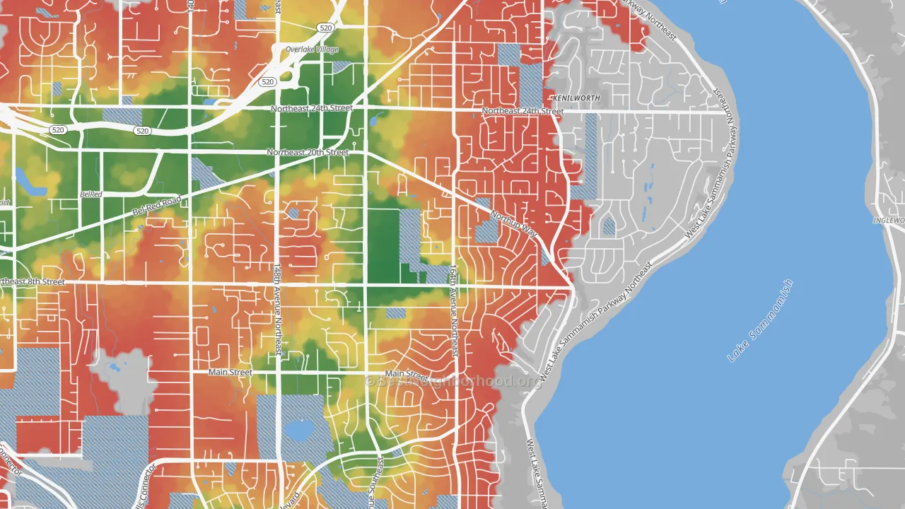 Walk Grade map of Crossroads, Bellevue, WA, walkable areas in green and car-dependent areas in red