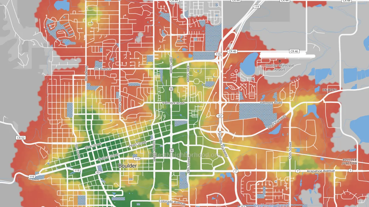 Walk Grade map of Crossroads, Boulder, CO, walkable areas in green and car-dependent areas in red