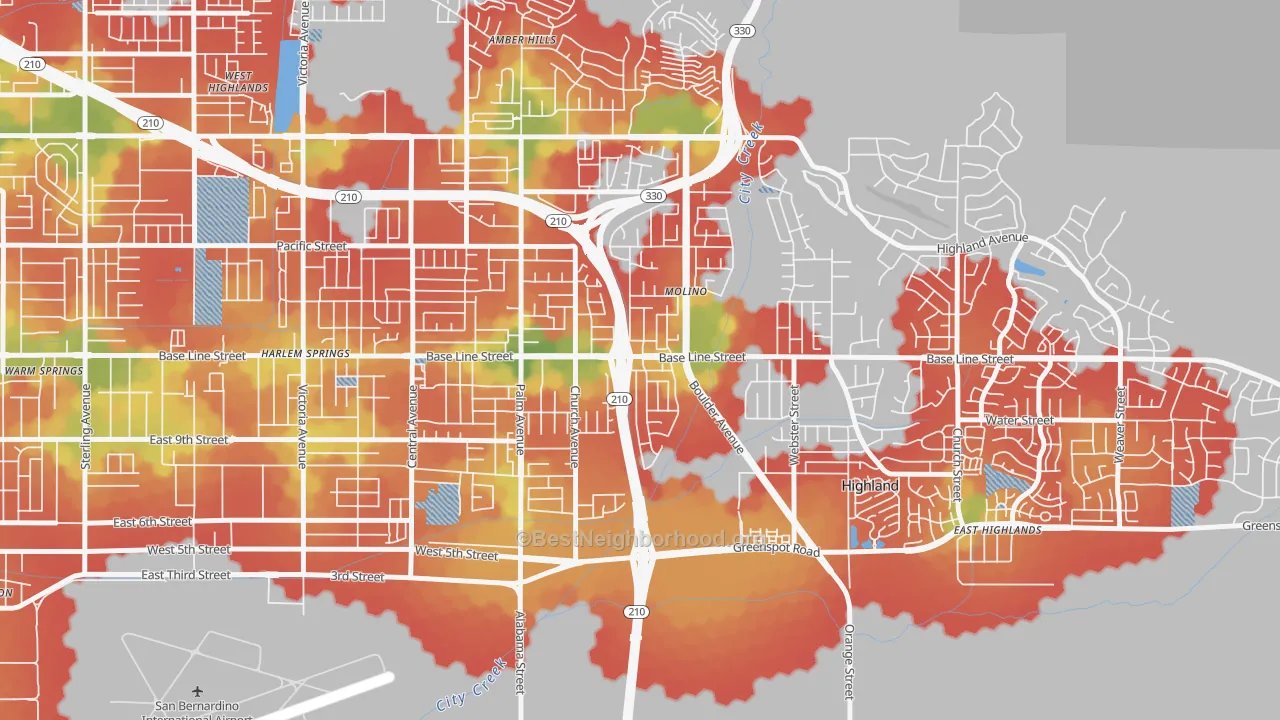 Walk Grade map of Crossroads, Highland, CA, walkable areas in green and car-dependent areas in red