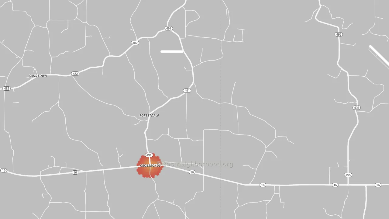 Walk Grade map of Crossroads, MS, walkable areas in green and car-dependent areas in red