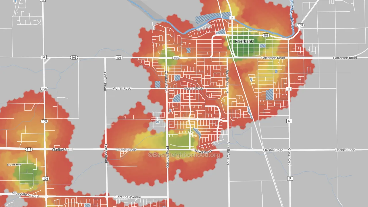 Walk Grade map of Crossroads-Riverbank, Riverbank, CA, walkable areas in green and car-dependent areas in red