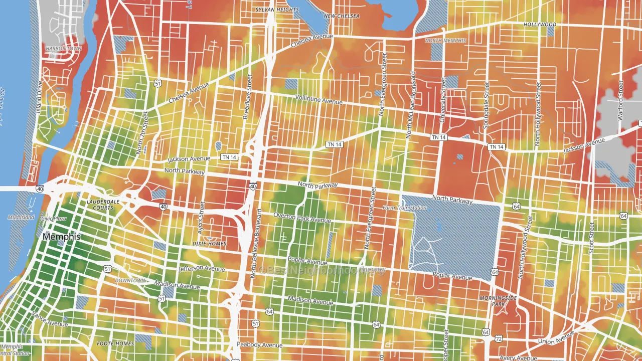 Walk Grade map of Crosstown, Memphis, TN, walkable areas in green and car-dependent areas in red