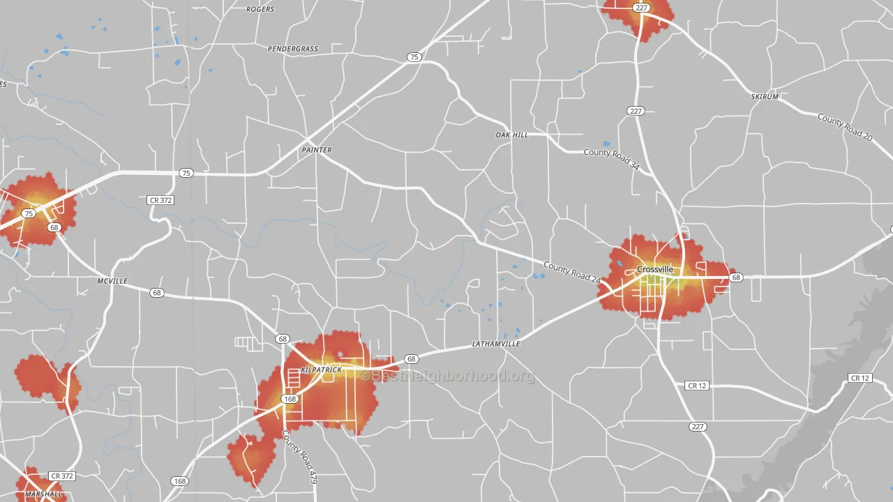 Walk Grade map of Crossville, AL, walkable areas in green and car-dependent areas in red