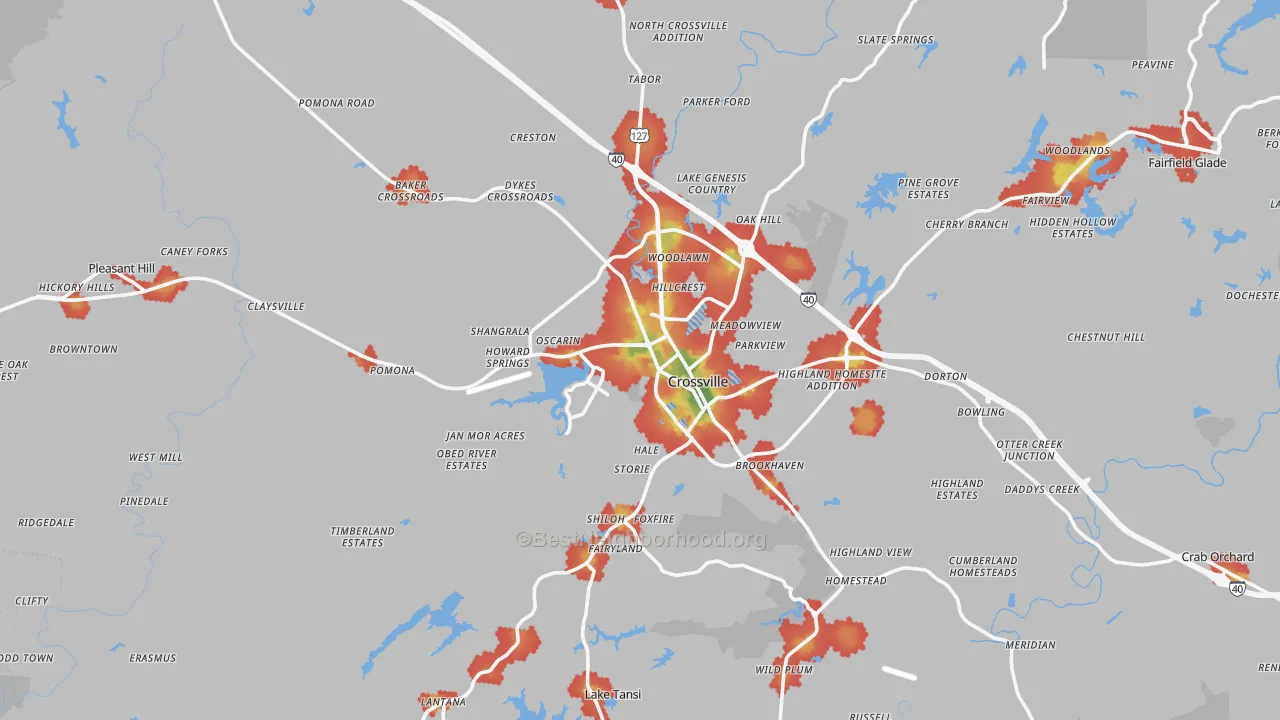 Walk Grade map of Crossville, TN, walkable areas in green and car-dependent areas in red