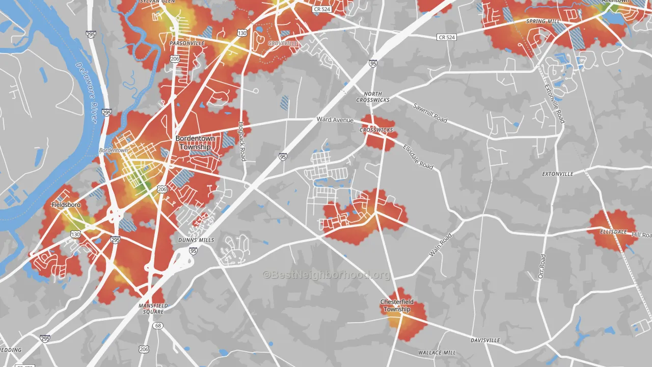 Walk Grade map of Crosswicks, NJ, walkable areas in green and car-dependent areas in red