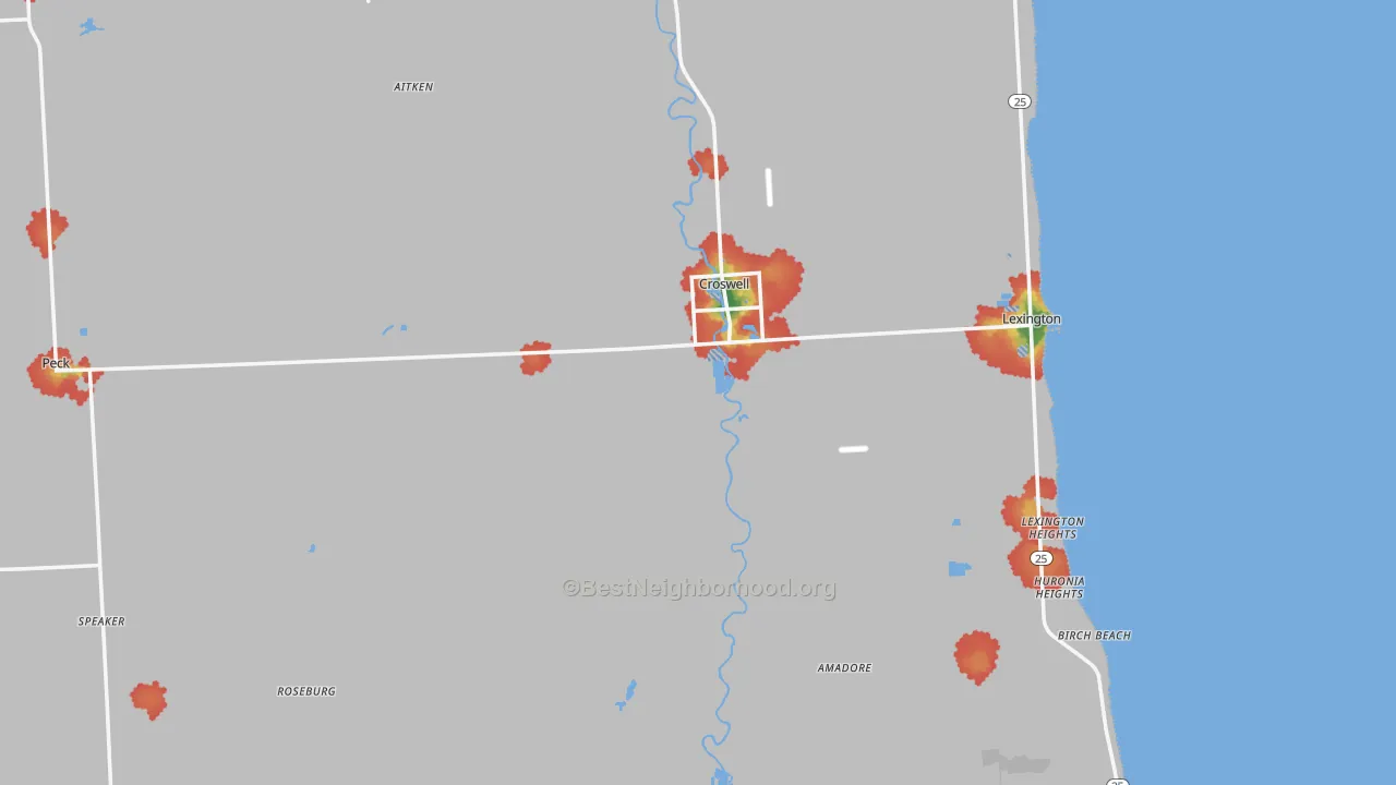 Walk Grade map of Croswell, MI, walkable areas in green and car-dependent areas in red