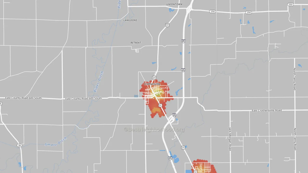 Walk Grade map of Crothersville, IN, walkable areas in green and car-dependent areas in red