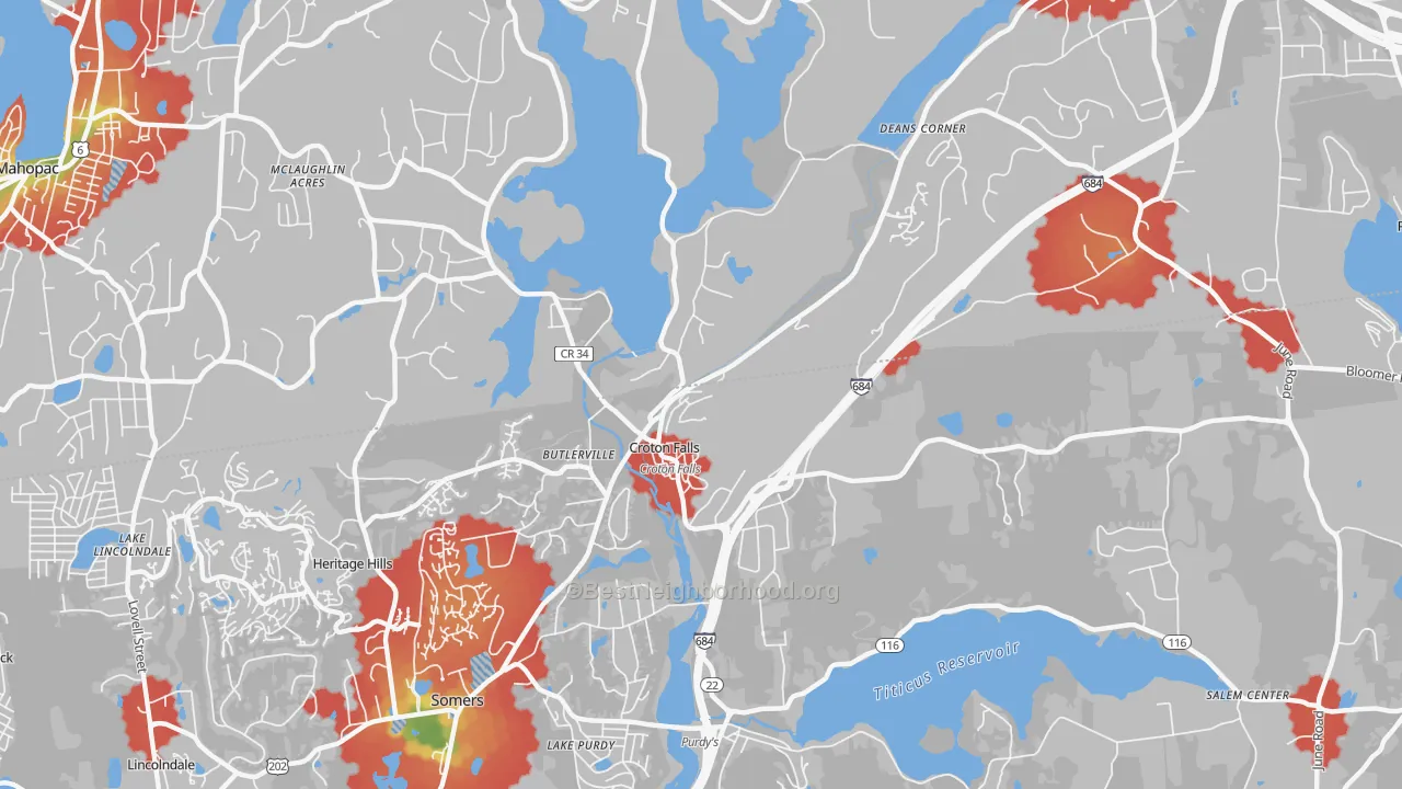 Walk Grade map of Croton Falls, NY, walkable areas in green and car-dependent areas in red