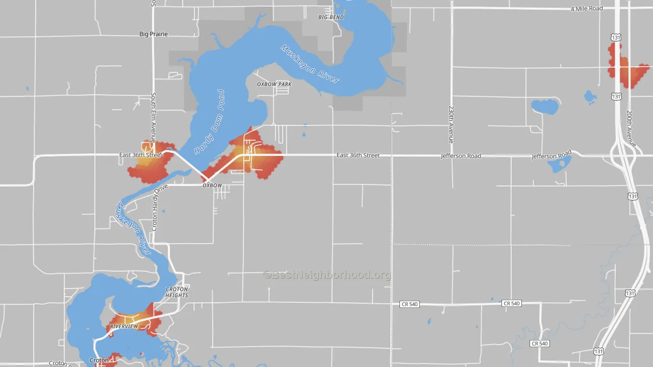 Walk Grade map of Croton Heights, MI, walkable areas in green and car-dependent areas in red