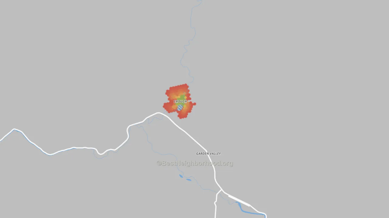 Walk Grade map of Crouch, ID, walkable areas in green and car-dependent areas in red