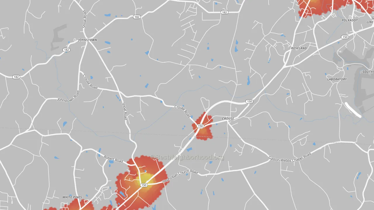 Walk Grade map of Crouse, NC, walkable areas in green and car-dependent areas in red
