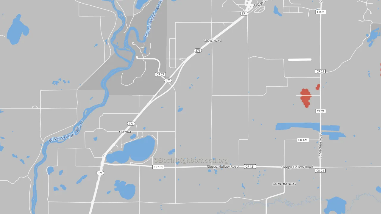 Walk Grade map of Crow Wing, MN, walkable areas in green and car-dependent areas in red