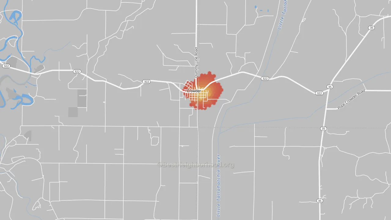 Walk Grade map of Crowder, MS, walkable areas in green and car-dependent areas in red