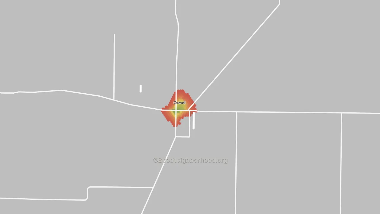 Walk Grade map of Crowell, TX, walkable areas in green and car-dependent areas in red