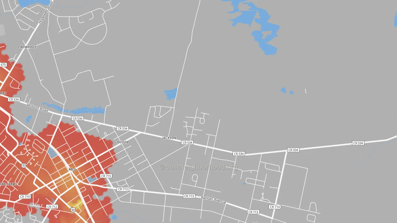 Walk Grade map of Crowfoot, NJ, walkable areas in green and car-dependent areas in red