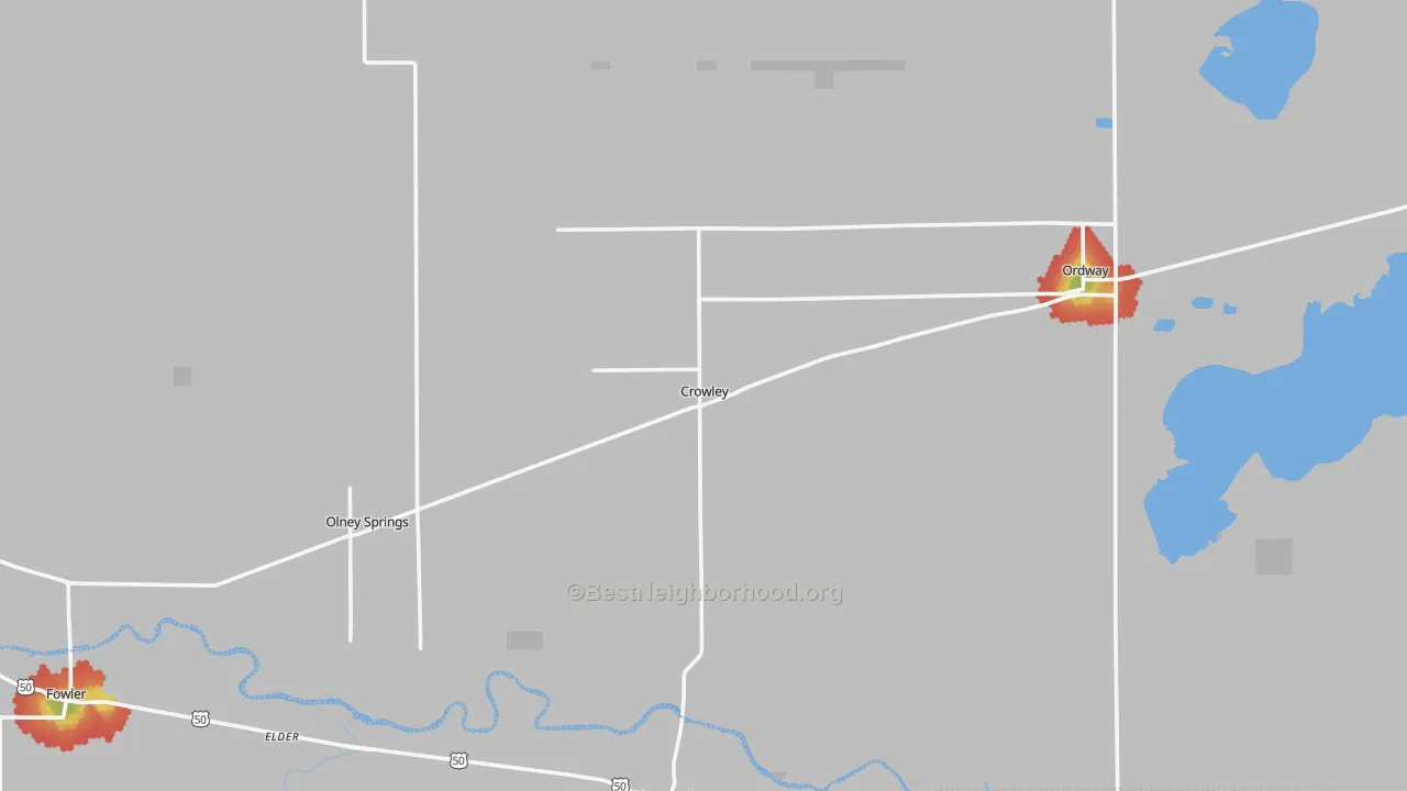 Walk Grade map of Crowley County, CO, walkable areas in green and car-dependent areas in red