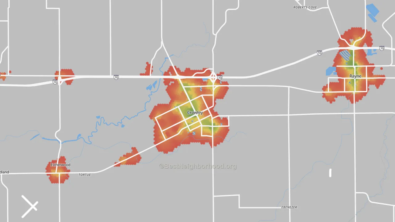Walk Grade map of Crowley, LA, walkable areas in green and car-dependent areas in red