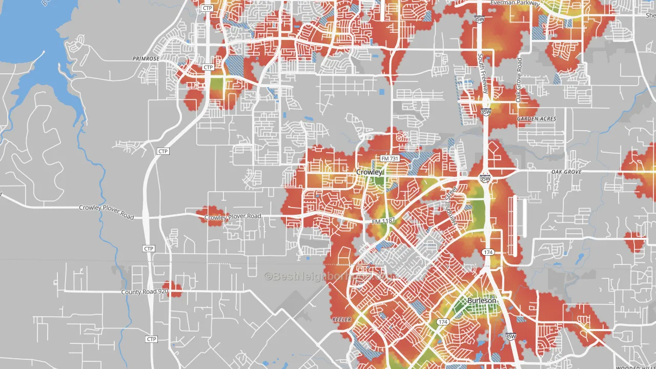 Walk Grade map of Crowley, TX, walkable areas in green and car-dependent areas in red