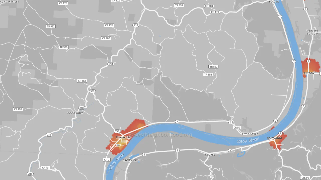 Walk Grade map of Crown City, OH, walkable areas in green and car-dependent areas in red