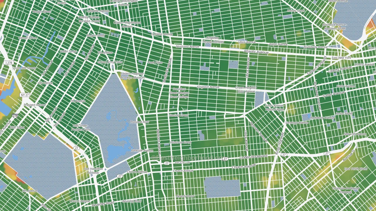 Walk Grade map of Crown Heights, Brooklyn, NY, walkable areas in green and car-dependent areas in red