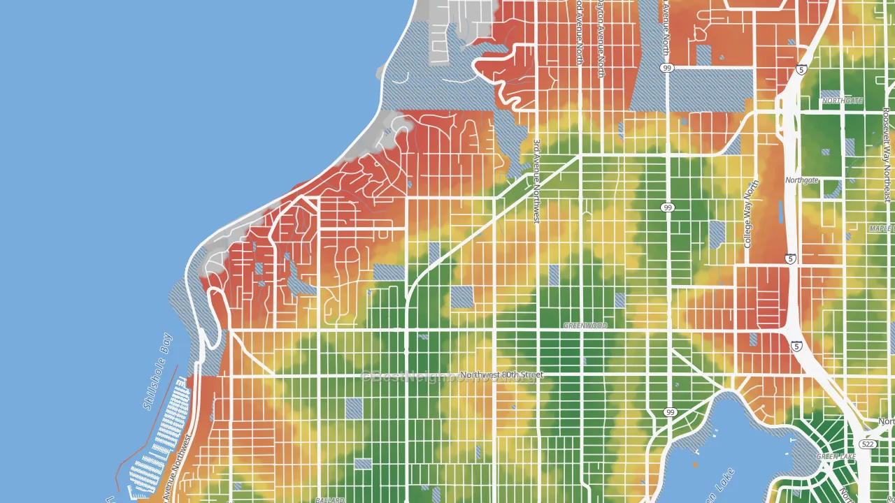 Walk Grade map of Crown Hill, Seattle, WA, walkable areas in green and car-dependent areas in red