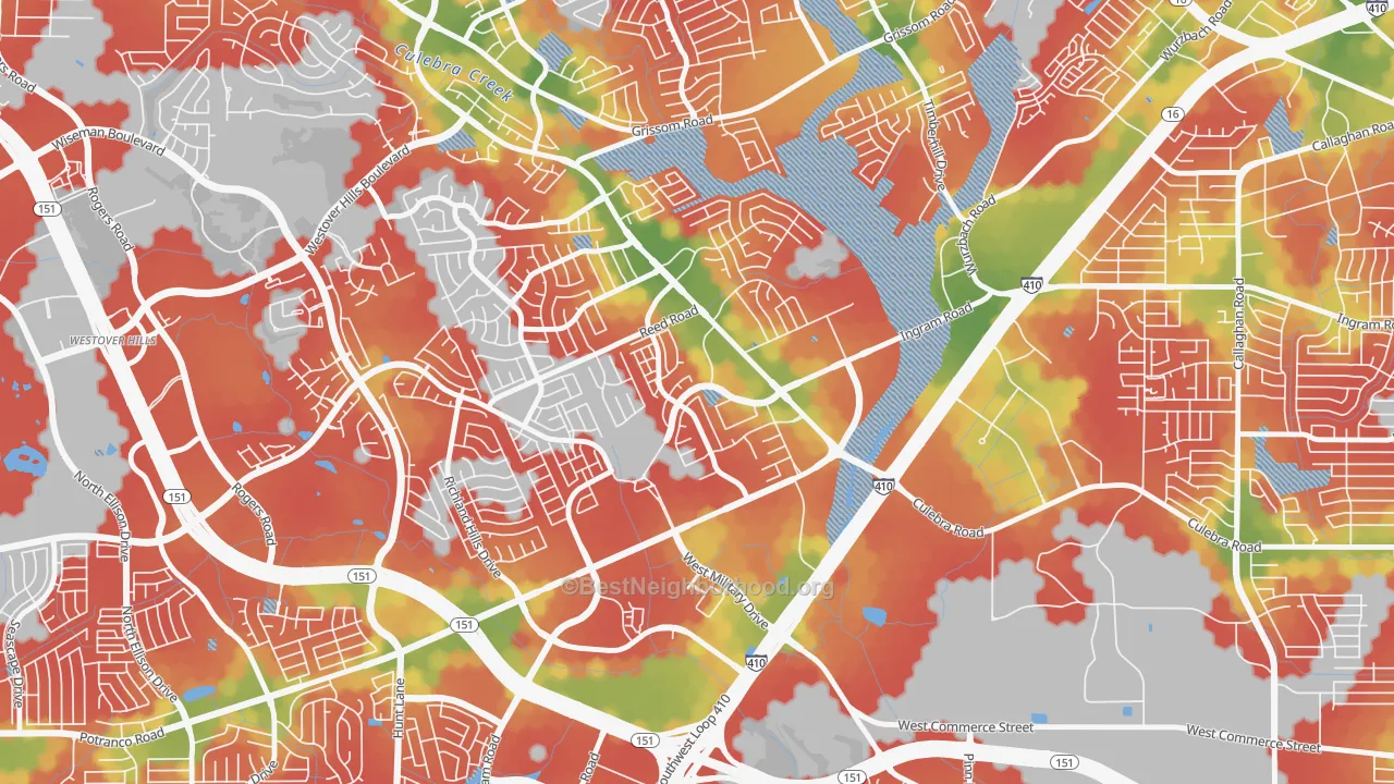 Walk Grade map of Crown Meadows, San Antonio, TX, walkable areas in green and car-dependent areas in red